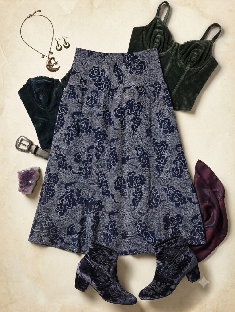 Vintage Jessica Stevens Navy Blue White Floral Dots Midi Skirt